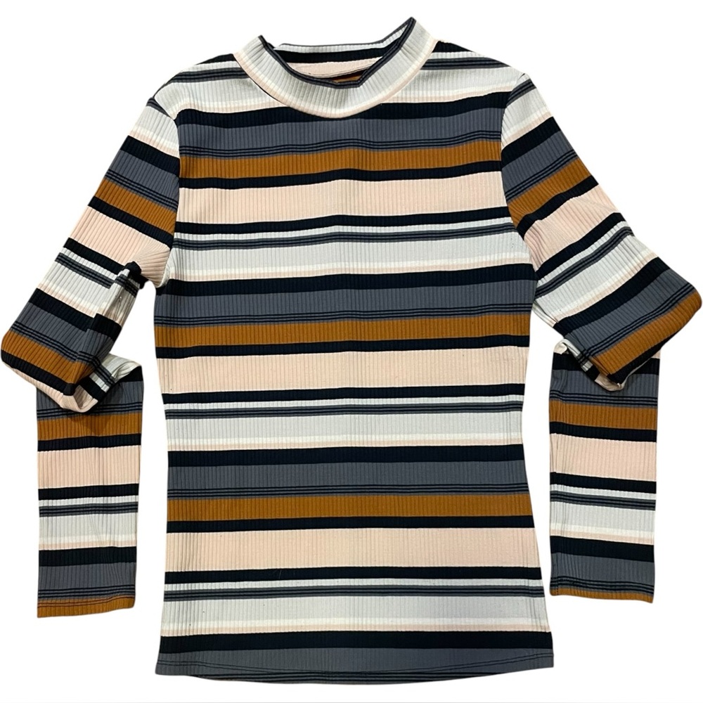 GENTLE FAWN Elyse Navy Pink Striped Mock Neck Key Hole‎ Ribbed Knit Top Shirt XS